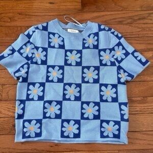 Debut Women Size Small/Medium Blue Floral Checkered Shirt Cropped